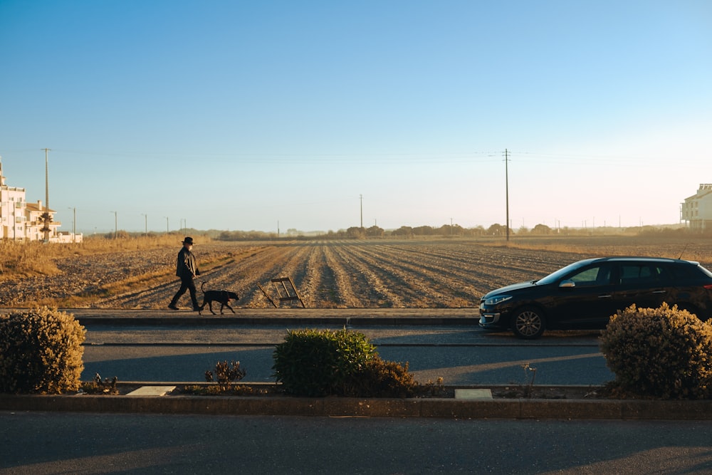 a person walking a dog on a street