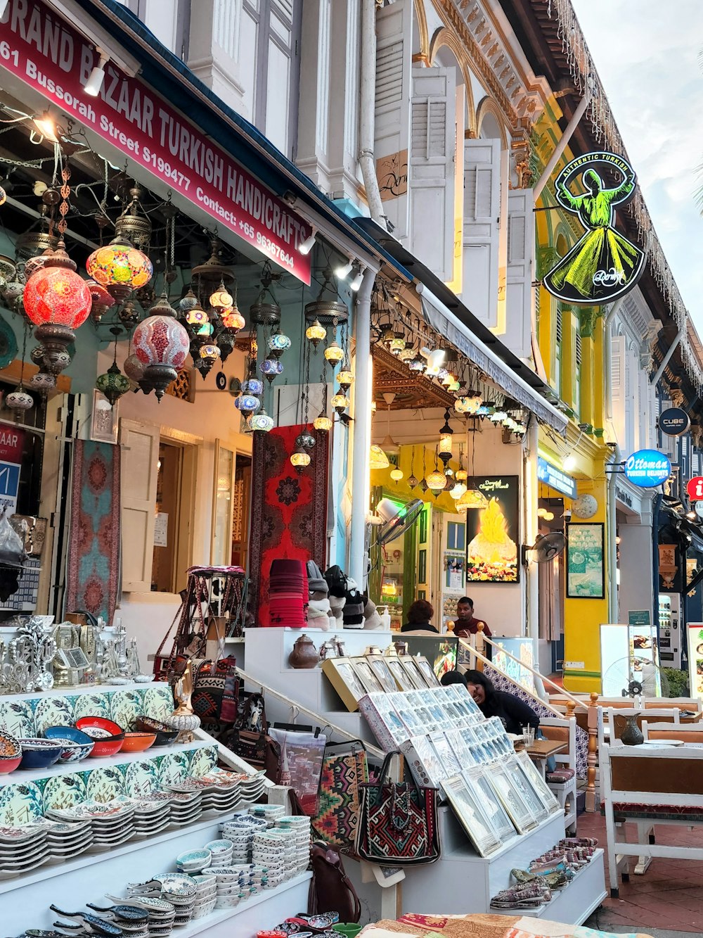 a street with shops and food