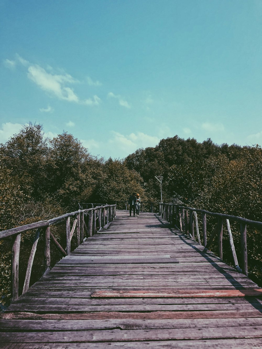 a wooden bridge with people walking on it