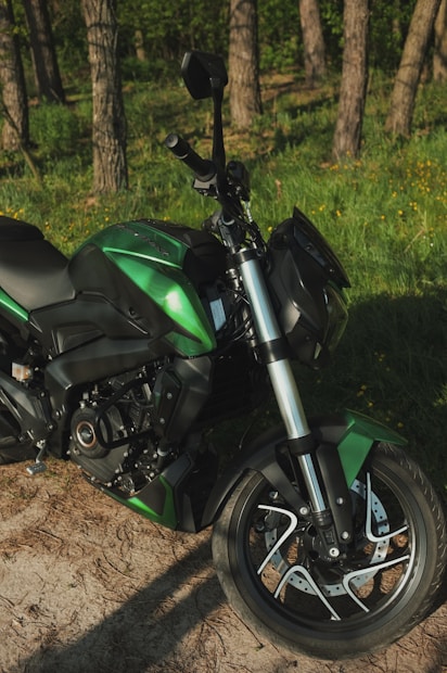 A green motorcycle is parked on a patch of dry ground surrounded by a dense forest. The sunlight creates stark shadows and highlights on the metal parts, emphasizing the sleek design and intricate engineering details of the vehicle.