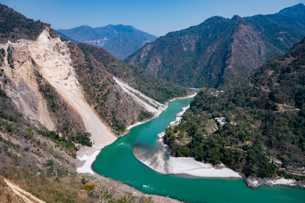 a river running through a valley between mountains