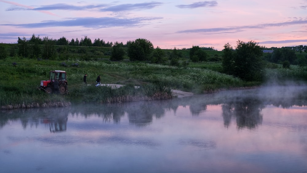 a tractor on a river