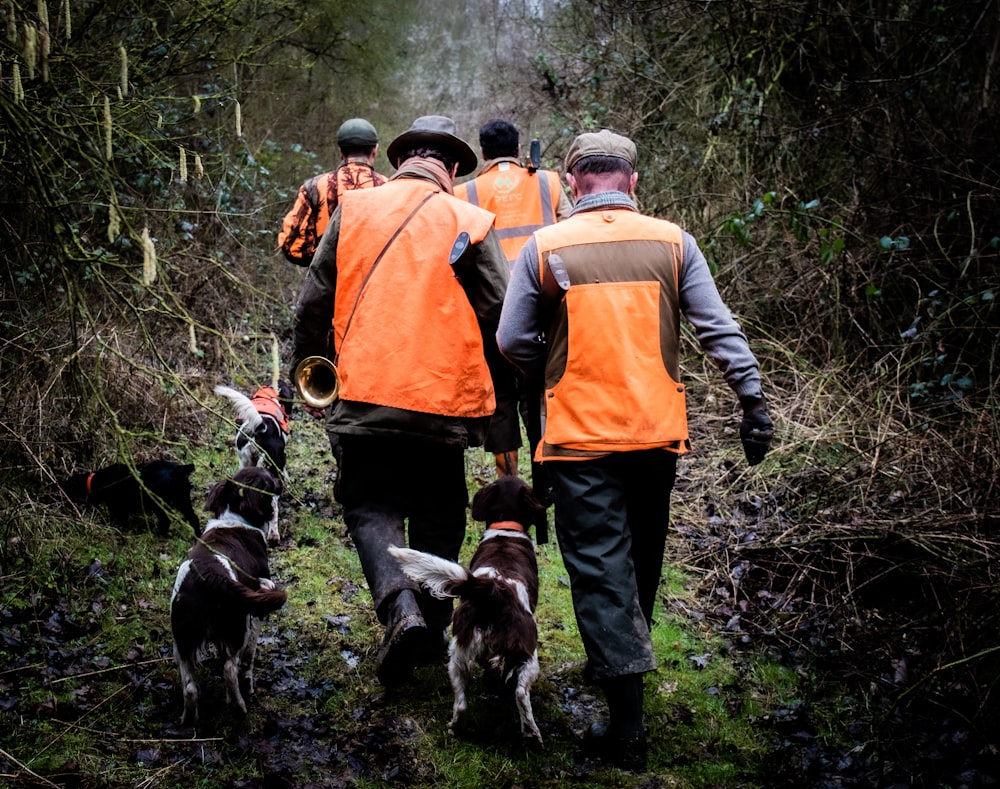 a group of people with dogs in the woods