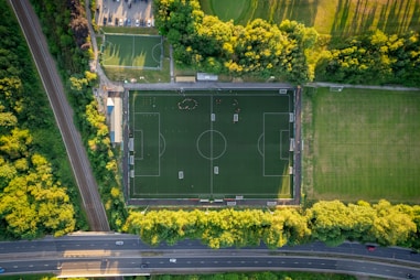 a green building with a sign on it surrounded by trees