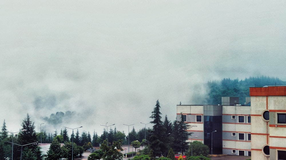 a building with trees in the front