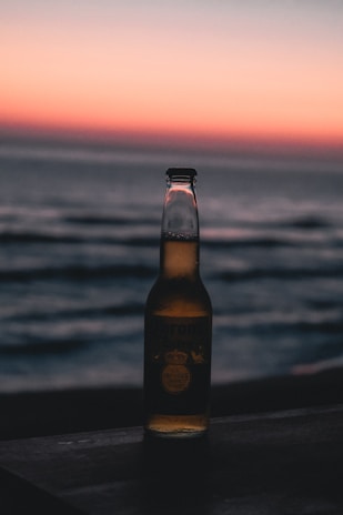 Sunset view of Praia Grande beach with Rocky Brewing bottles placed on a driftwood log.