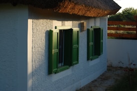 A quaint, whitewashed cottage features two green shuttered windows and a thatched roof. The walls have a textured finish and the roof is made of natural materials. Sunlight casts soft shadows, suggesting a peaceful setting.