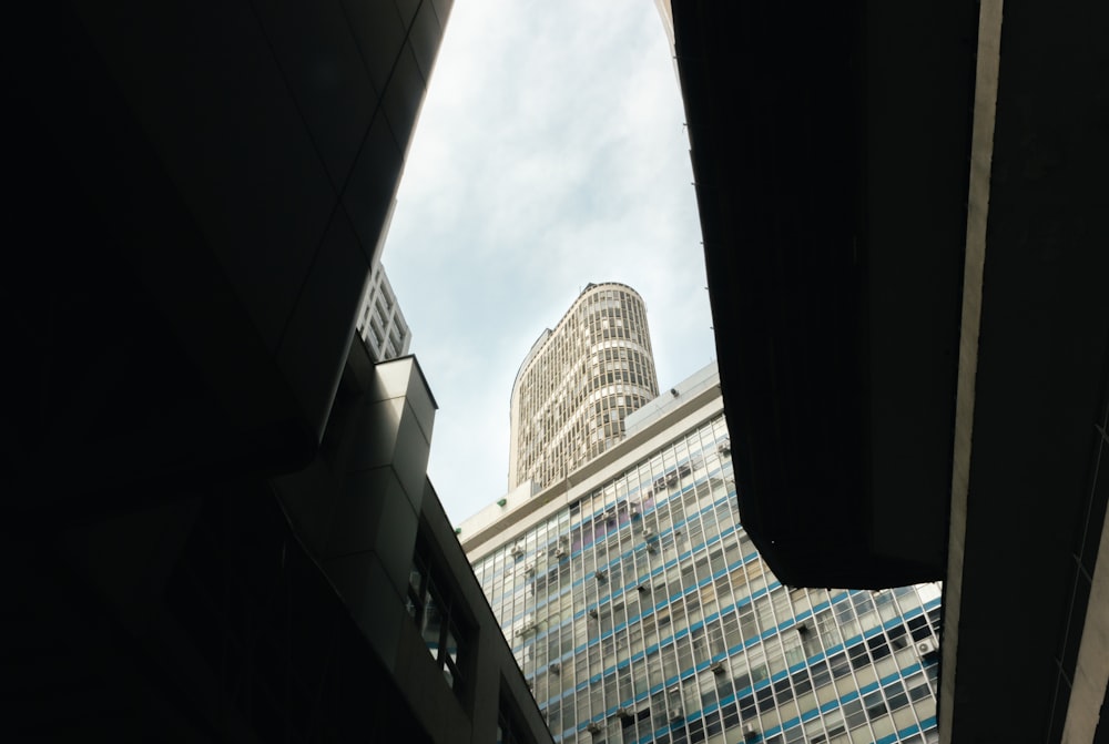looking through a window at a tall building