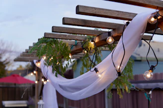 a white and blue cloth from a metal pole
