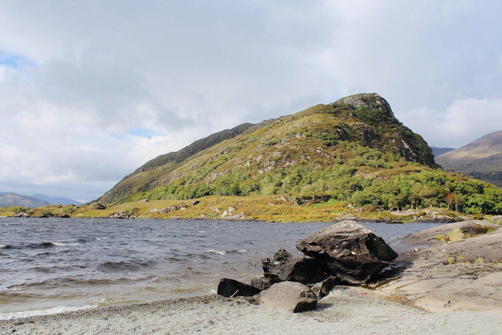 a rocky beach with a hill in the background