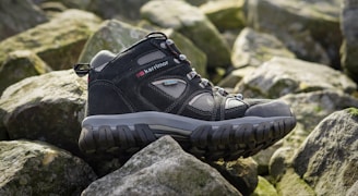 a black shoe on rocks