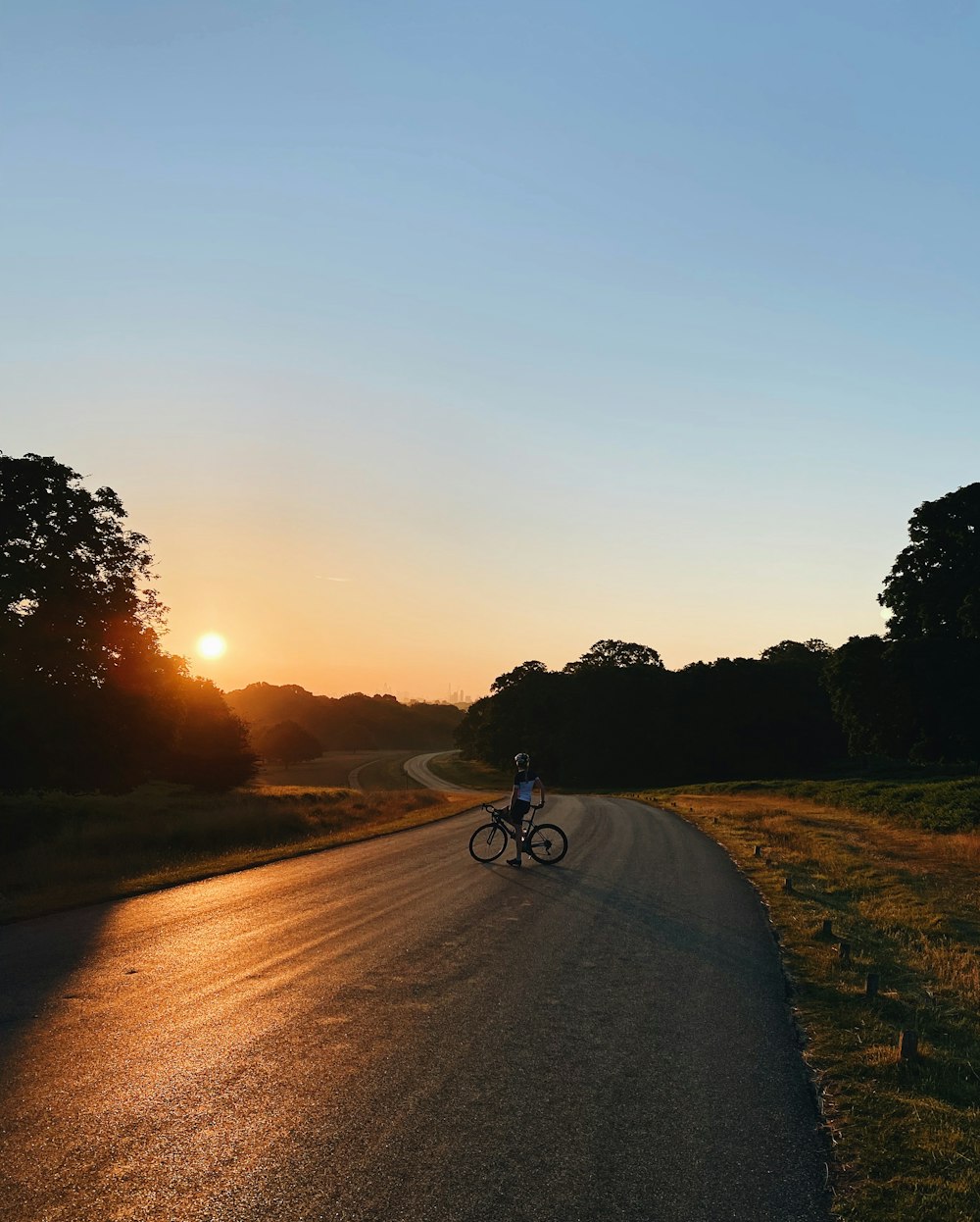 a person riding a bicycle on a road with trees and the sun setting