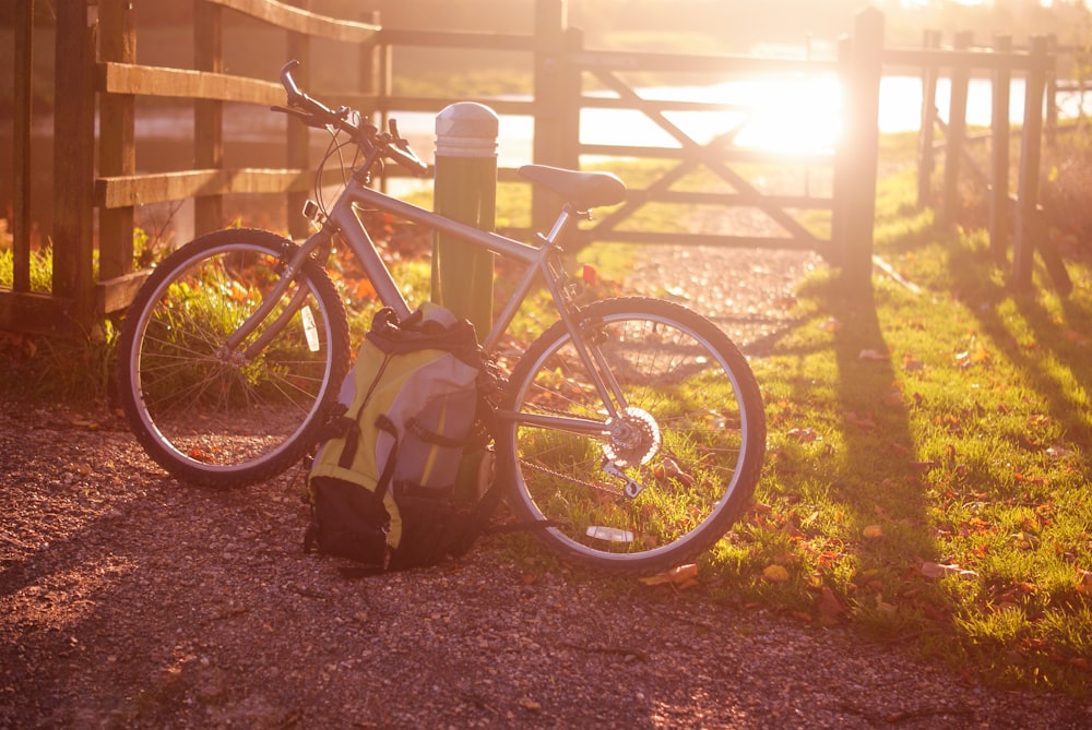 a bicycle parked on a path