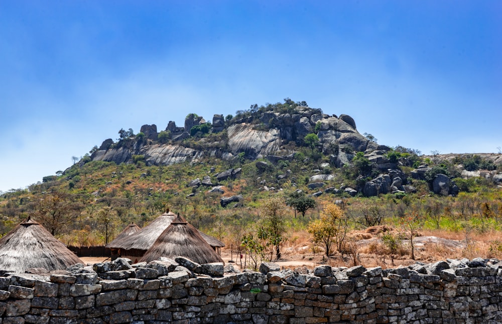 a rocky hillside with a stone wall