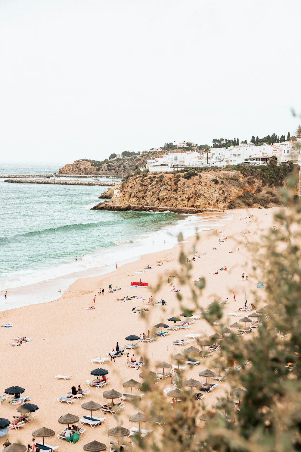 a beach with people and umbrellas