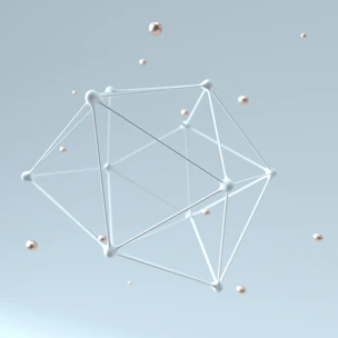 3D wireframe polyhedron with metallic spheres