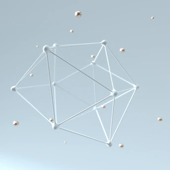 3D wireframe polyhedron with metallic spheres