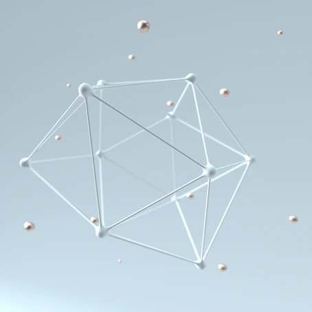 3D wireframe polyhedron with metallic spheres
