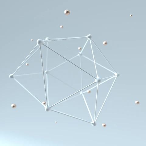 3D wireframe polyhedron with metallic spheres