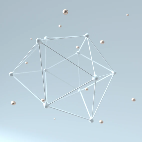 3D wireframe polyhedron with metallic spheres