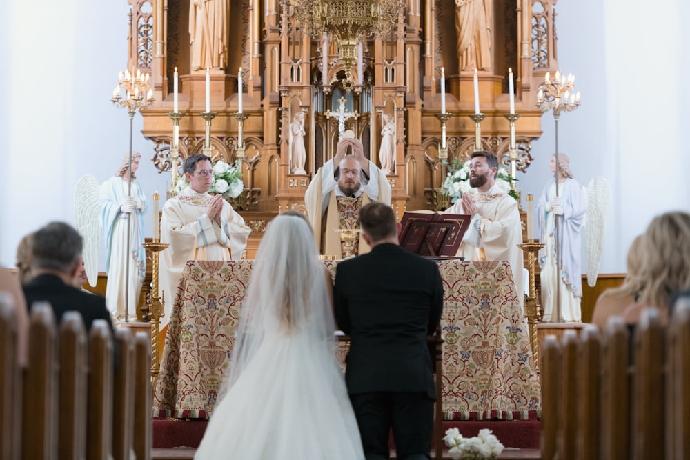 a bride and groom in a church