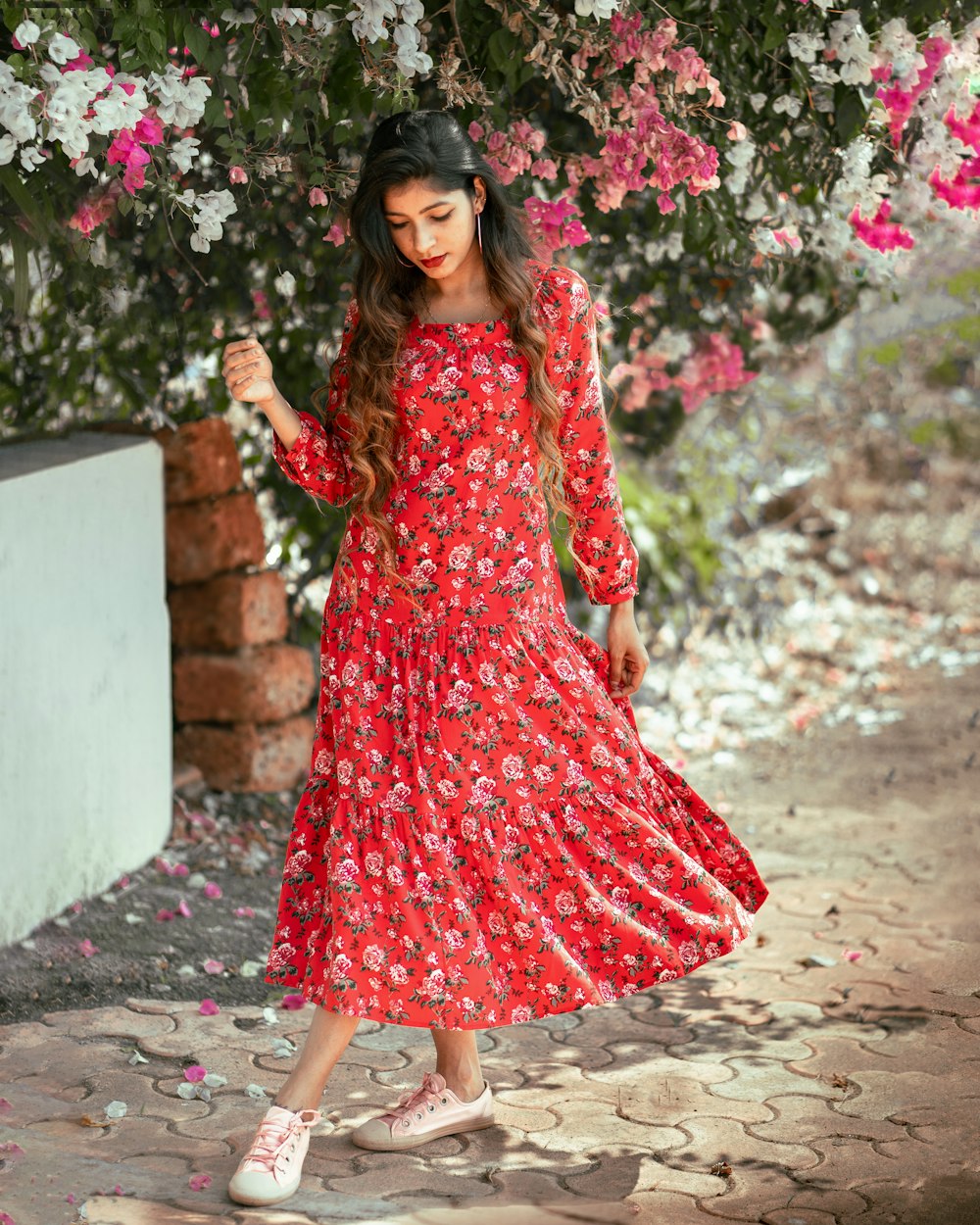 a woman in a red dress