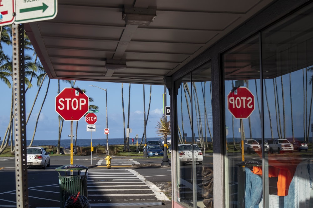 a stop sign under a covered area