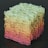 A complex, three-dimensional cube-shaped structure composed of interconnected, wireframe-like rectangular shapes. The structure features a gradient color scheme transitioning from shades of green at the top to yellow and pink at the bottom, set against a dark background.