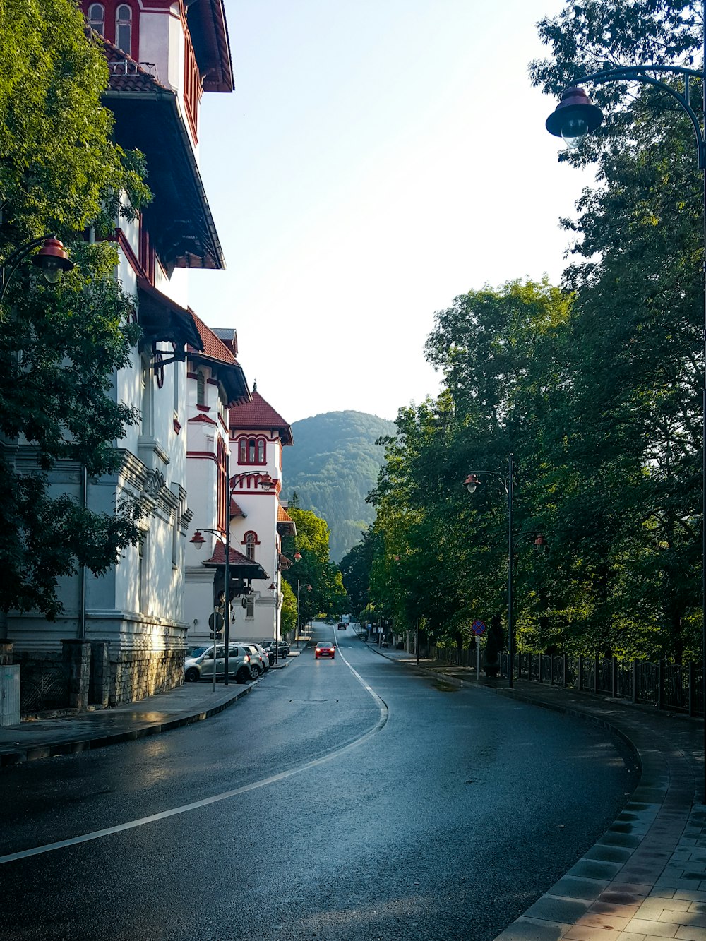 a street with trees and buildings on the side