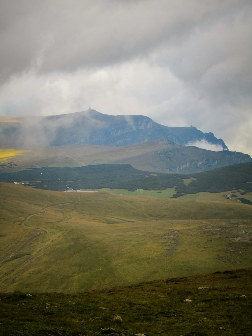 a grassy field with mountains in the background