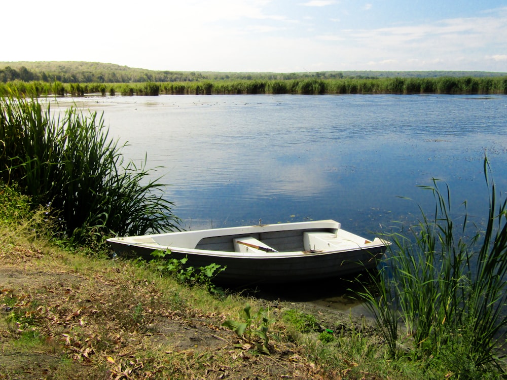 a boat on the shore of a lake