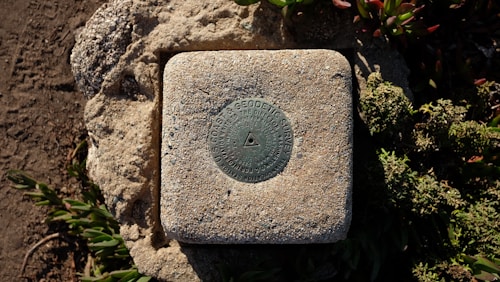 A concrete survey marker embedded in a larger stone, featuring a round metal disc with engraved text from the U.S. Coast and Geodetic Survey. The marker is surrounded by soil and foliage, with sunlight casting shadows.