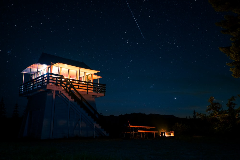 a house with lights at night