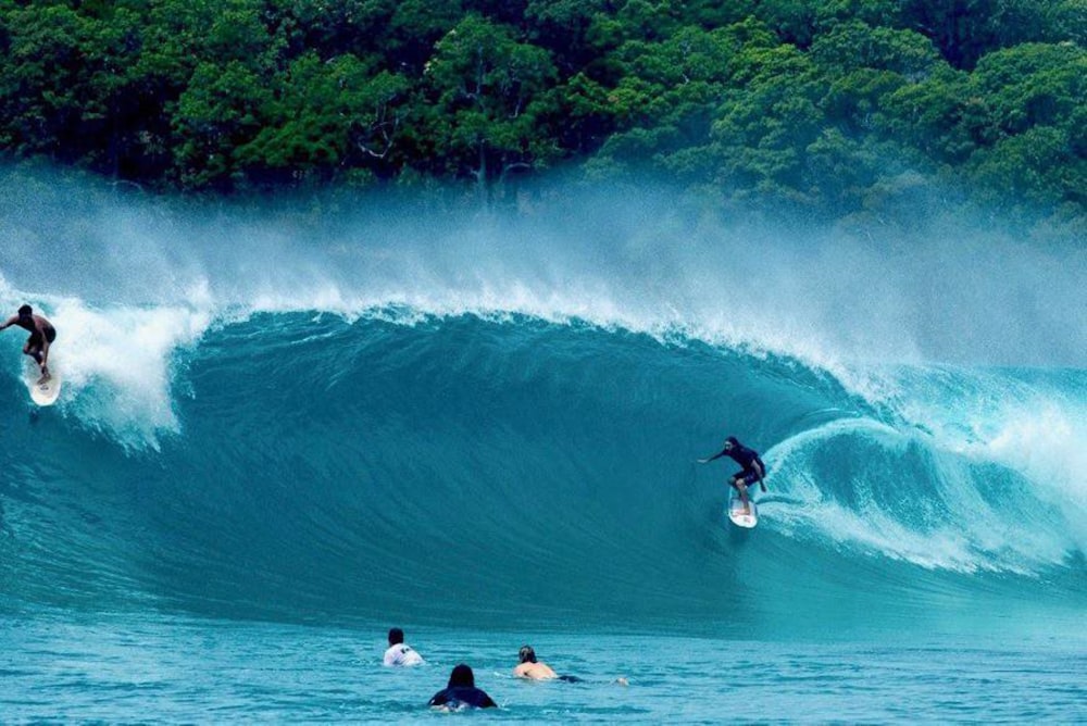 a group of surfers ride a large wave