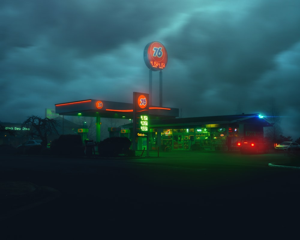 a gas station at night