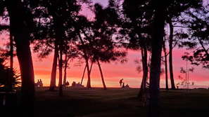 A peaceful outdoor prayer group meeting at sunset with gentle pastel skies.