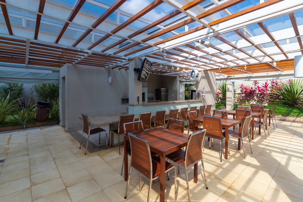 a room with tables and chairs