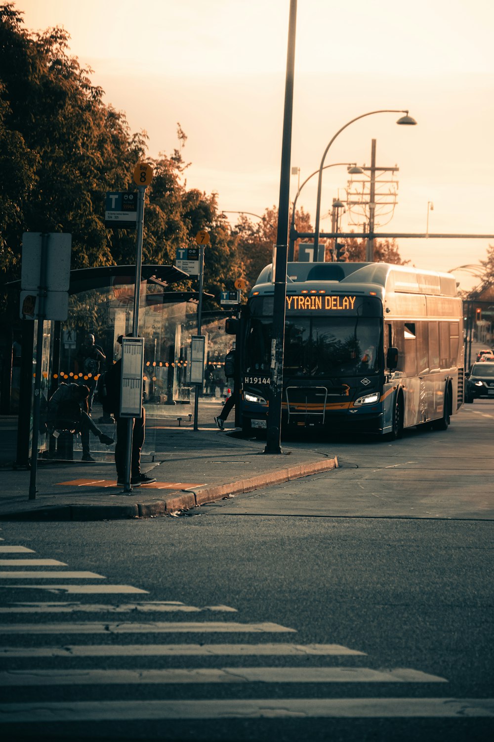 a bus travels down the street