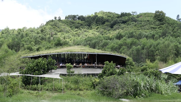 A modern building with a curved roof blends with the surrounding lush greenery and rolling hills. The structure features large glass windows and is partially obscured by tall trees and foliage, giving a sense of harmony with nature. A few people are visible inside the building, suggesting it is occupied.