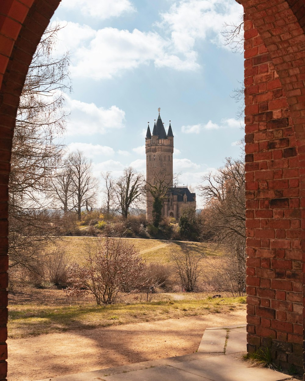 a brick building with a tower