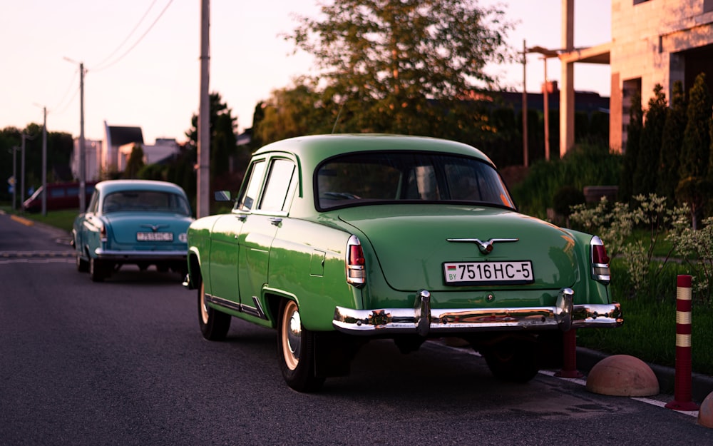a green car on the road