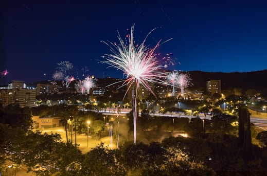fireworks in the sky over a city