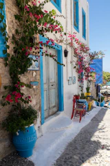 a building with blue doors and flowers
