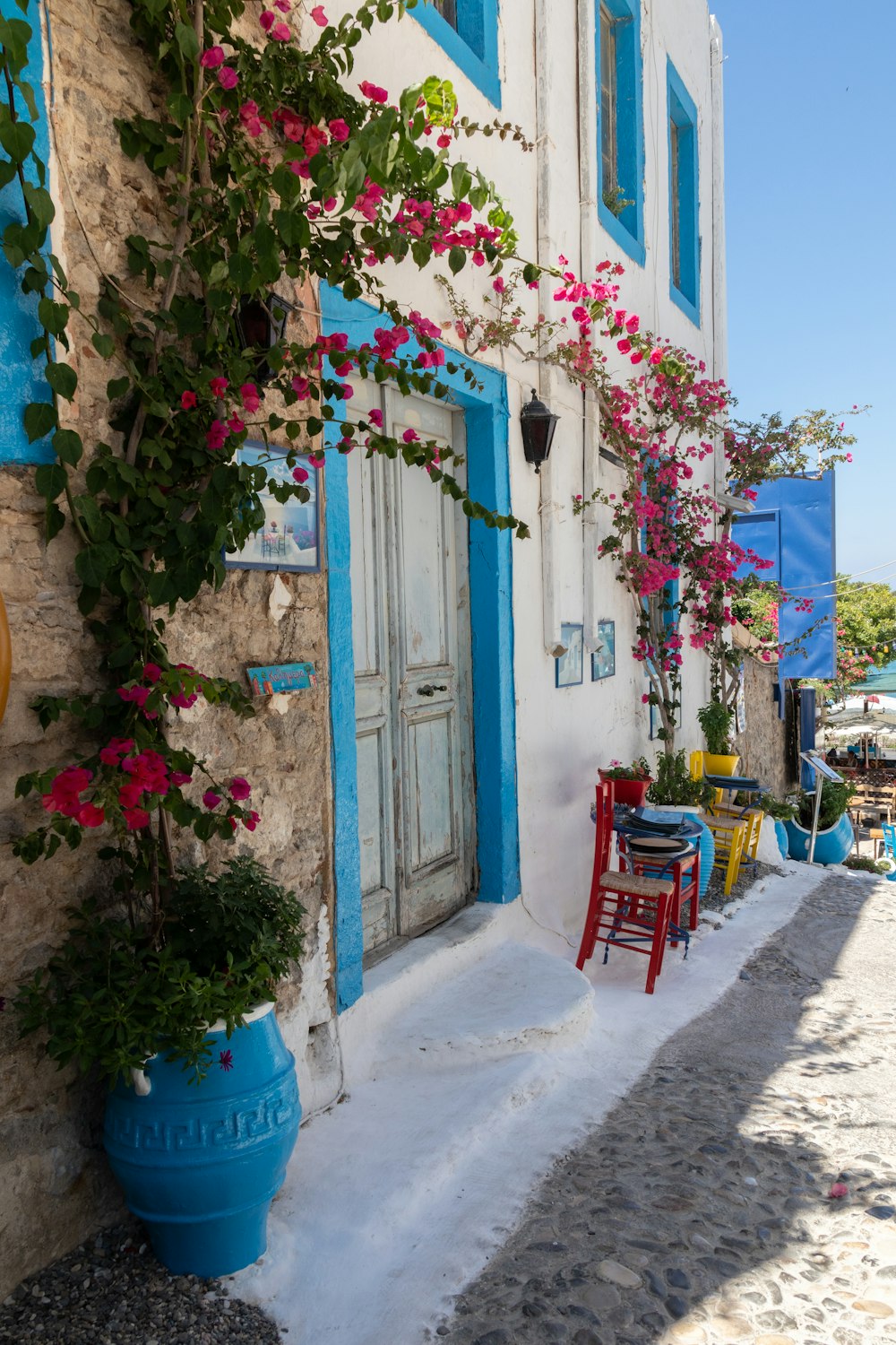 a building with blue doors and flowers