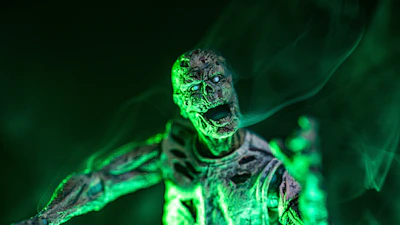 An eerie cryptid silhouette lurking near a fog-covered lake, bathed in neon green light.