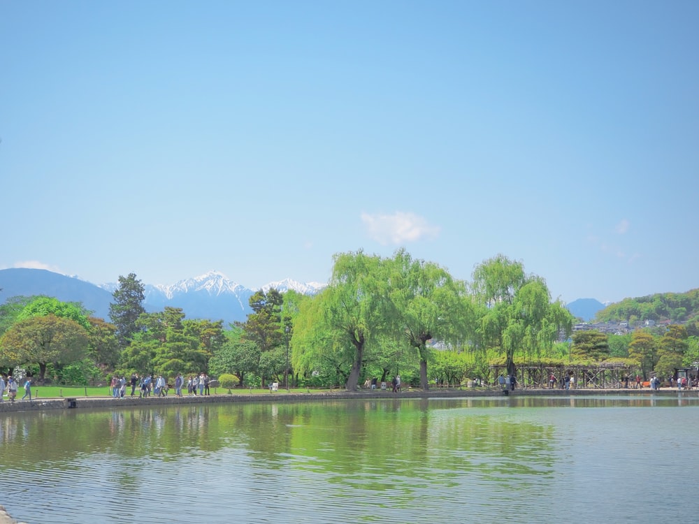 a body of water with trees and people around it