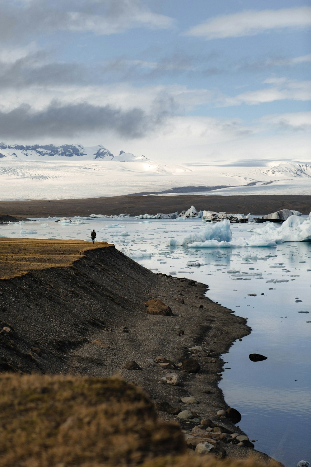 a person standing on a rocky shore