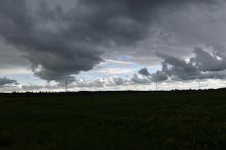 Dark storm clouds fill the sky, casting a shadow over a vast, flat grassy landscape. Three distant power poles are silhouetted against the horizon. The sky appears dynamic with patches of lighter sky peeking through the heavy clouds.