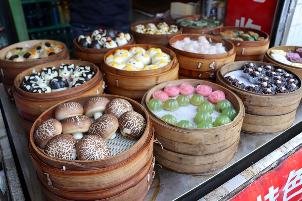 a group of baskets full of nuts