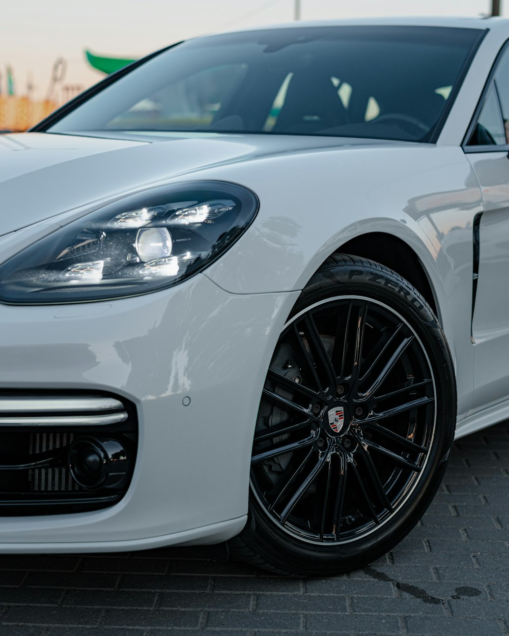 a white car with a black rim